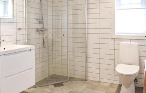 a bathroom with a shower and a toilet and a sink at 3 Bedroom Stunning Home In Sjusjøen in Sjusjøen
