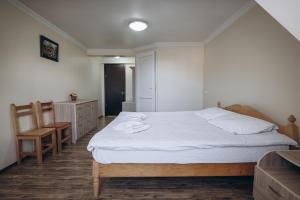Schlafzimmer mit einem Bett, einem Schreibtisch und einem Stuhl in der Unterkunft Mestiatour Guest House in Mestia