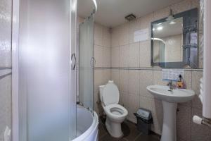 ein Bad mit einem WC, einem Waschbecken und einer Dusche in der Unterkunft Mestiatour Guest House in Mestia