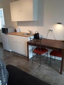 een keuken met een wastafel en een tafel met 2 stoelen bij Thorbecke Canal View 42m2 Loft in Zwolle