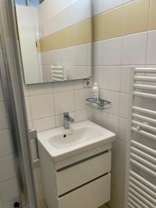 ein Bad mit einem Waschbecken und einem Spiegel in der Unterkunft Kapitänshaus mit Hafenblick in Greetsiel