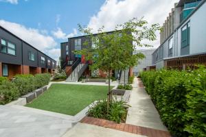 a courtyard of a building with a lawn and a tree at Peaceful Central City 2 bed pad w/carpark in Christchurch