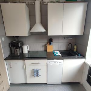una pequeña cocina con armarios blancos y fregadero en Krokus en Sokołowsko
