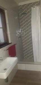 a white bathroom with a shower and a sink at Dome Home Accommodation in Nelspruit