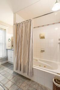 a bathroom with a tub and a shower curtain at Ye Olde Walkerville Bed & Breakfast in Windsor