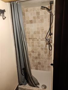 a shower with a shower curtain in a bathroom at Three Bedroomed Chalet Apartment in Chamonix