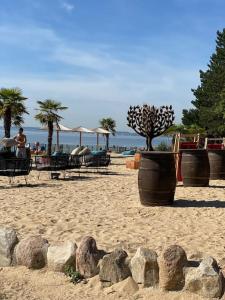 piaszczystą plażę z krzesłami i doniczką na piasku w obiekcie Ostsee Ferienwohnung in Sierksdorf - Hansa Park w mieście Sierksdorf