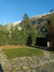 a stone walk way with trees and mountains in the background at Three Bedroomed Chalet Apartment in Chamonix