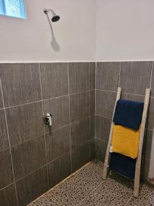 prysznic z krzesłem i głowicą prysznicową w obiekcie The Crafty Rooms w Gili Air