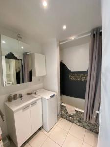ein weißes Badezimmer mit einem Waschbecken und einem Spiegel in der Unterkunft Hirondelle : Appartement privé avec garage in Annecy