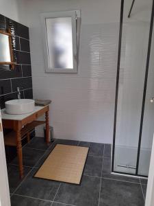 uma casa de banho com um lavatório e um chuveiro em Les pins em Longeville-sur-Mer