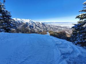 a snow covered road with a mountain in the background at Casa Rocca in Roccaforte Mondovì