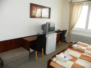 a hotel room with a bed and a desk and a television at Hotelový dům Areál in Ostrava
