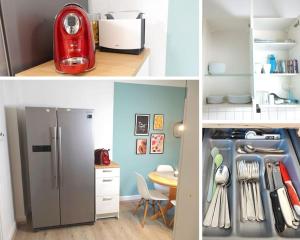 un collage de cuatro fotos de una cocina con nevera en Your Cozy Appartment in Wuppertal: Wupper-Home 2, en Wuppertal