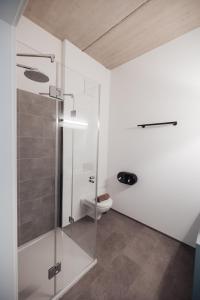 a bathroom with a glass shower and a toilet at City Rooms Amstetten in Amstetten