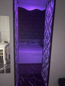 ナポリにあるcasa paganoの鏡付きの部屋の紫色のベッド1台