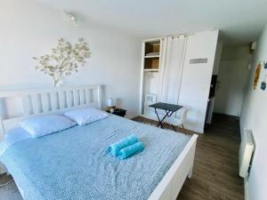 Un dormitorio con una cama con una almohada azul. en Appartement N°8 Vue Mer, Perros Guirec, en Perros-Guirec