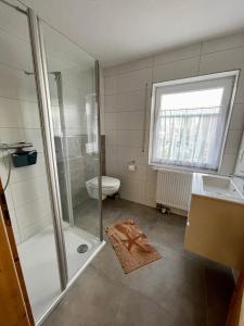 een badkamer met een douche, een toilet en een wastafel bij Ferienhaus Seehund in Krummhörn