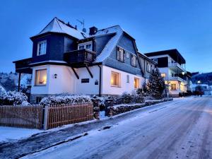 ein Haus auf einer verschneiten Straße mit einem Weihnachtsbaum in der Unterkunft Sevda's Hotel Garni Weinforth in Willingen