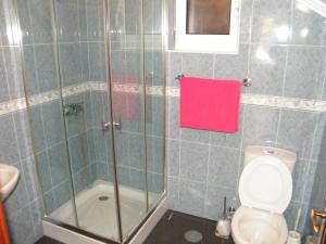 a bathroom with a toilet and a shower with a pink towel at Lameiros Cottage in São Vicente
