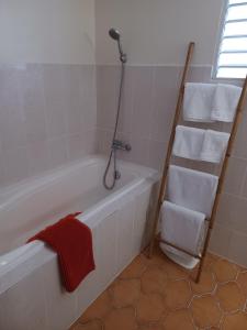 ein Badezimmer mit einer Dusche, einer Badewanne und Handtüchern in der Unterkunft MAISON DE VACANCES KAZ A LOLO in Port-Louis