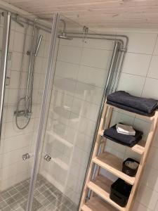 a shower with a glass door and shelves in a bathroom at Spjutås Gård in Öxabäck
