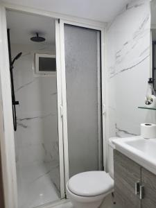 La salle de bains est pourvue d'une douche, de toilettes et d'un lavabo. dans l'établissement Anfa Studio 1, à Casablanca