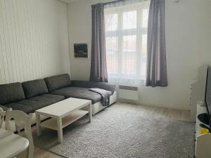 a living room with a couch and a table at Lovely apartment with parking on closed premises. in Pärnu