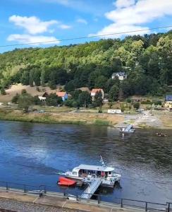 Ein Boot liegt an einem Fluss in der Nähe einer Stadt. in der Unterkunft Wohnung Elbblick in Königstein an der Elbe