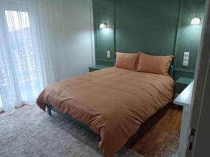 ein Bett in einem Schlafzimmer mit grünen Wänden in der Unterkunft Kalian Meteora in Kalambaka