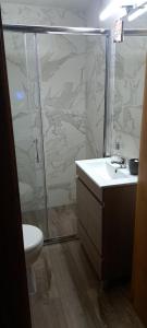 Vilar da VeigaにあるCasa do Garrano - Gerêsのバスルーム(シャワー、洗面台、トイレ付)