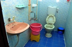 a bathroom with a sink and a toilet at Ranjana Guesthouse in Hampi
