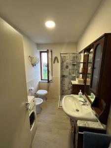 a bathroom with a sink and a toilet and a shower at Costa del Sole 46 in Cetona