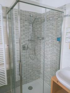 a glass shower in a bathroom with a sink at Agritur Maso Flonkeri in Bosentino