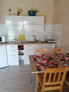 kuchnia ze stołem i krzesłami oraz kuchnia z białymi szafkami w obiekcie Alga w Sarbinowie