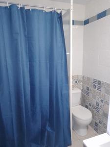 y baño con cortina de ducha azul y aseo. en Casa Violette en Almería