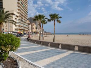 a sidewalk next to a beach with palm trees at Apartamento Primera Linea de Playa in Oropesa del Mar