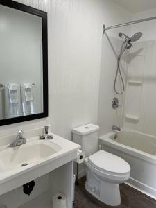 a bathroom with a sink and a toilet and a mirror at Welcome Inn in Mattawa