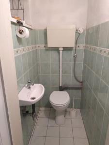 La petite salle de bains est pourvue de toilettes et d'un lavabo. dans l'établissement Apartment Center Zagreb, à Zagreb