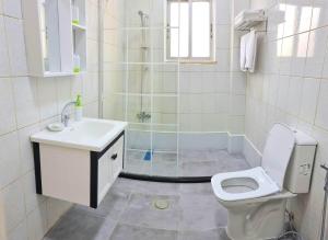 een badkamer met een toilet, een wastafel en een douche bij Byblos Aqaba in Aqaba