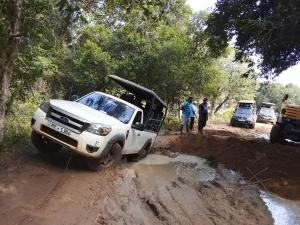 a white truck parked on a dirt road at mango villa wilpattu in Nekattegama