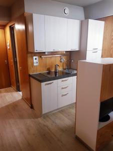 uma cozinha com armários brancos e um lavatório em Marilleva 1400 tra sport e natura em Marilleva