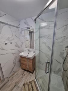 a bathroom with a sink and a shower at Willa Słoneczko in Duszniki Zdrój