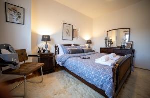 1 dormitorio con 1 cama con espejo y silla en Villa Pallas 