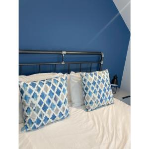 un letto con pareti blu e due cuscini sopra di Printer's Apprentice a Pontefract