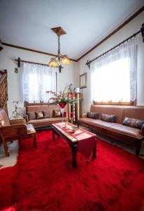 sala de estar con sofá y alfombra roja en Villa Pallas 