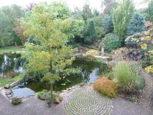 a garden with a pond and a tree in the middle at FeWo La Casa - Ferien im Münsterland in Ahaus