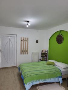 ein Schlafzimmer mit einem grünen Bett und einer weißen Wand in der Unterkunft Irinin Vidikovac in Rudnik