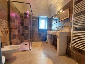 bagno con doccia, lavandino e servizi igienici di Trulli Carlo Anna a Locorotondo