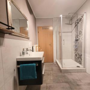 a bathroom with a sink and a shower at Ahrtal Vier Sterne Ferienwohnungen Alexandra Weiler Ferienwohnung Harmonie in Bad Neuenahr-Ahrweiler